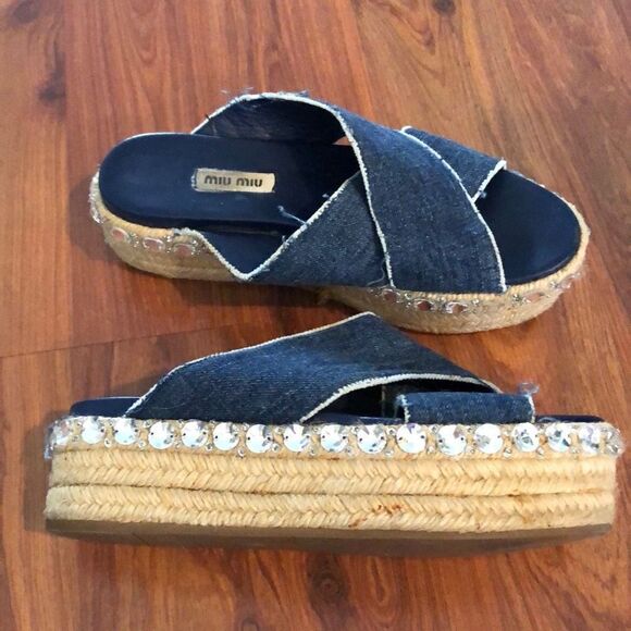 Miu Miu Denim crystal platform espadrilles size 8 - Picture 1 of 7
